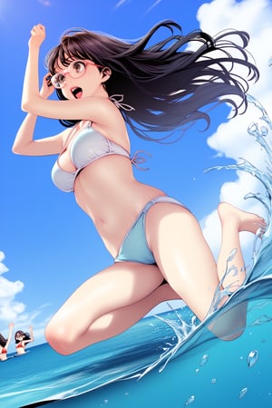 bikini  , enjoy , jumping , splashing water , (  in the sea )  , 
  ,  resort, in public , others , 
BREAK , 
score_9, score_8_up, score_7_up, score_6, score_5, score_4, ( masterpiece , ultra Detailed  ) , 
jeongsookdef , brown eyes, black hair , long hair , glasses