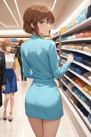 enjoy shopping ,  selecting , picking up a nice good from higher shelf ,    ( feeling good , delighted   : 1.0) ,    in shopping mall   ,   from behind ,   ( masterpiece , ultra Detailed , ultra Detaild Clothing    )     ,   
shellyai , miyano shiho  , 
brown hair, hair between eyes,  blue eyes, shiny hair,  short hair, 