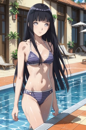 bikini , walking , poolside , 
BREAK , 
score_9, score_8_up, score_7_up, score_6, score_5, score_4, ( masterpiece , ultra Detailed  ) , 
ChopioHyugaHinata
 , black hair , long hair , straight hair , white eyes , 
shiny hair, blunt bangs, no pupils, 