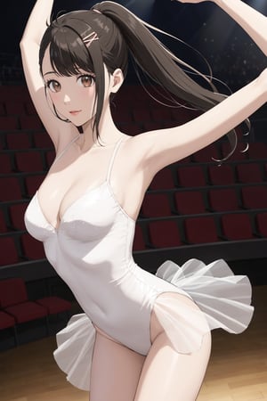 ballet , ballerina , leotard , split ,  ( on the stage  ) , national theatre ,  audience
 , white, 
 ( masterpiece , ultra Detailed    )    , 
iwatoxl , iwato suzume , eyelashes, brown eyes, black hair, long hair, ponytail, bangs, hairclip  , lips , jewelry,  