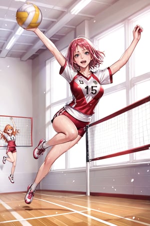 Sakura Haruno , ( attacking  ,  jumping  , in the air : 1.3 ) , volleyball,  volleyball uniform , looking at  ball ,   hard practice ,   (  sweating  , painful face    , exhausted,  ( wheezing )      ) , in a court , national team , in international match    , 
 pink hair , 
BREAK , 
score_9, score_8_up, score_7_up, score_6, score_5, score_4, ( masterpiece , ultra Detailed  ) , 
  milkychu-style , 