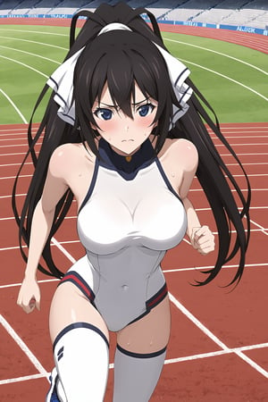 ( pole vailt  jump : 1.3)  , (  running , runner  : 1.2)   ,  (  embarrassed , sweating ) ,  in track and field stadium  , ( masterpiece , ultra Detailed  , ultra Detailed  Clothes  ) , 
shinonono houki, purple eyes, black hair, split ponytail, high ponytail, white hair ribbon, long hair, 
white leotard, pilot suit, white thighhighs, turtleneck, halterneck, impossible leotard, impossible clothes