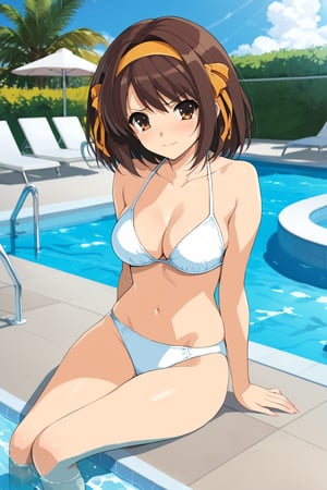 bikini ,  on poolside , in resort )  , beautiful scenery , 
( embarrassed , shy )   , 
BREAK , 
score_9, score_8_up, score_7_up, score_6, score_5, score_4, ( masterpiece , ultra Detailed   , ultra Detailed groin , ) ,
suzumiya_haruhi , brown hair , 