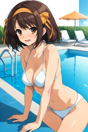 bikini ,  on poolside , in resort )  , 
( embarrassed , shy )   , 
BREAK , 
score_9, score_8_up, score_7_up, score_6, score_5, score_4, ( masterpiece , ultra Detailed   , ultra Detailed groin , ) ,
suzumiya_haruhi , brown hair , 