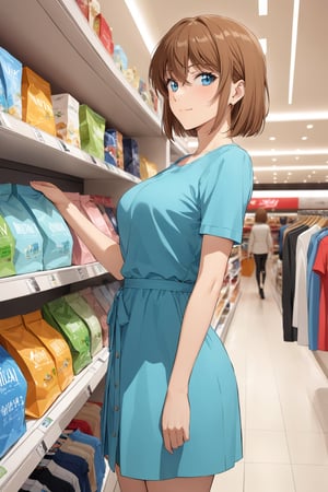 enjoy shopping ,  selecting , picking up a nice good from higher shelf ,    ( feeling good , delighted   : 1.0) ,    in shopping mall   ,   side view,   ( masterpiece , ultra Detailed , ultra Detaild Clothing    )     ,   
shellyai , miyano shiho  , 
brown hair, hair between eyes,  blue eyes, shiny hair,  short hair, 