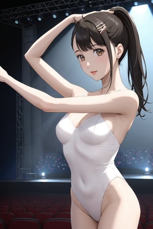 ballet , ballerina , leotard , split , ,  ( on the stage  ) , national theatre ,  audience
 , white, 
 ( masterpiece , ultra Detailed    )    , 
iwatoxl , iwato suzume , eyelashes, brown eyes, black hair, long hair, ponytail, bangs, hairclip  , lips , jewelry,  
