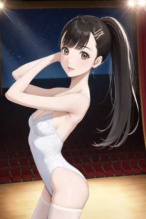 ballet , ballerina , leotard , split , ,  ( on the stage  ) , national theatre ,  audience
 , white, 
 ( masterpiece , ultra Detailed    )    , 
iwatoxl , iwato suzume , eyelashes, brown eyes, black hair, long hair, ponytail, bangs, hairclip  , lips , jewelry,  