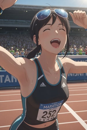 track and field uniform ,marathon , winning run  , (  finishing tape )   , ( sweating ,   happy , delighted , closed eyes , looking upward   ) , navel ,shiny material Clothing,   in track and field , sunglasses , ( masterpiece , ultra Detailed  , ultra Detailed  Clothes   ) , 
Tamaki_Iwato  , 