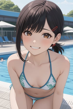 very  young girl , bikini  , on the poolside , public pool , on public , 
( masterpiece , ultra Detailed    ,  ANIME style ) , smile, playing , 
higashiyama kobeni , brown eyes ,( black hair)  ,  red hair clip , 