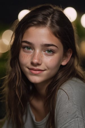 A medium full shot 18yo girl on a patio at night, Rembrandt lighting, the is an overcast night sky, (she is in love:1.4), long hair, messy brunette hair, dark green eyes, tan skin, lips, slight smile, freckles, dimples, thick eyebrows