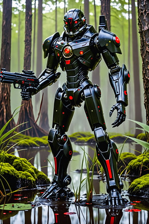 masterpiece, hyperrealism, ((full body photograph with legs and feet)), android, two red eyes, black armor, swamp planet, laser pistol in right hand,