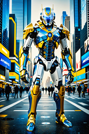 masterpiece, realistic, hyperrealism, ((full body photograph with legs and feet)), android, two yellow eyes, blue and white colored armor, futuristic city, cinematic moviemaker style