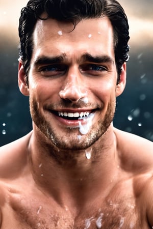 masterpiece, realistic, henry cavill, smiling, naked, a lot of cum on face