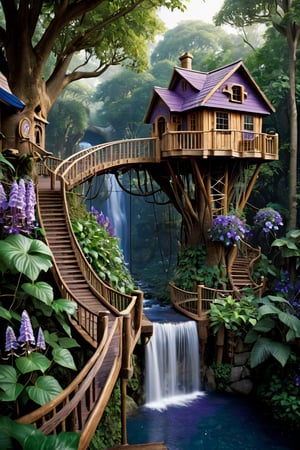 jungle, tall trees, ((treehouses on left side)), ((treehouse on right side)), bridge, purple flower vines, blue and white flower bushes, waterfall in middle, hyper-realism, realistic, masterpiece, intricate details, best quality, highest detail, professional photography, detailed background, depth of field, insane details, intricate, aesthetic, photorealistic, Award - winning, with Kodak Portra 800, a Hasselblad 500, 55mm f/ 1.9 lens, extreme depth of field, Ultra HD, HDR, DTM, 8K,realistic
