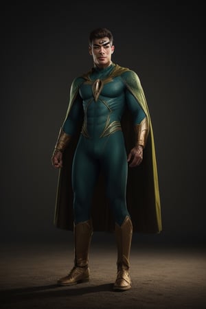 superhero, muscular, bright green cape, six pointed star on chest, yellow energy, glowing eyes, hyper-realism, realistic, masterpiece, intricate details, best quality, highest detail, professional photography, detailed background, depth of field, insane details, intricate, aesthetic, photorealistic, smirk:0.4, (full body shot:1.1), (standing pose:1.1), Award - winning, with Kodak Portra 800, extreme depth of field, Ultra HD, HDR, DTM, 8K