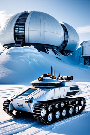 a photograph of a futuristic vehicle with ((four ripsaw track's)) and laser turret parked in front of a ((science outpost)), frozen ice planet, hyper-realism, realistic, masterpiece, intricate details, best quality, highest detail, professional photography, detailed background, depth of field, insane details, intricate, aesthetic, photorealistic, Award - winning, with Kodak Portra 800, a Hasselblad 500, 