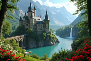 A magnificent, photorealistic castle nestled in a mystical valley, where the boundaries of reality and fantasy blur. The castle, a masterpiece of ancient architecture, stands tall with ivy-covered turrets reaching towards the heavens. Its grandeur is amplified by the vibrant red and white flowers that adorn the landscape, creating a breathtaking contrast against the emerald-green foliage. A delicate arched bridge, built from natural stones, spans over a crystal-blue river that snakes through the valley, leading to the castle's grand entrance. The serene waters of the river are fed by a majestic waterfall that cascades down from the towering mountains in the distance. The entire scene is suffused with an ethereal glow, casting soft shadows on the lush meadow beneath the castle. Towering trees, with leaves shimmering in the light, stand as silent sentinels, their branches whispering secrets of the enchanted realm. A solitary unicorn, a symbol of purity and grace, grazes peacefully beside the river, its mane and tail reflecting the vibrant colors of the surrounding flora. The entire tableau is a testament to the artistic blending of the real and the fantastical, inviting viewers to step into a world where magic lingers in every corner.