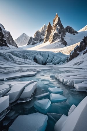 frozen mountains, ice, artic, realistic, intricate details, detailed background, depth of field, hyper-realism, realistic, masterpiece, best quality, professional photography, detailed background, depth of field, intricate, aesthetic, photorealistic, Award - winning, with Kodak Portra 800, extreme depth of field, Ultra HD, HDR, DTM, 8K,