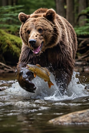 a photograph of a large grizzly bear catching fish from a stream in the woods, hyper-realism, realistic, masterpiece, intricate details, best quality, highest detail, professional photography, detailed background, depth of field, insane details, intricate, aesthetic, photorealistic, Award - winning, with Kodak Portra 800, extreme depth of field, Ultra HD, HDR, DTM, 8K