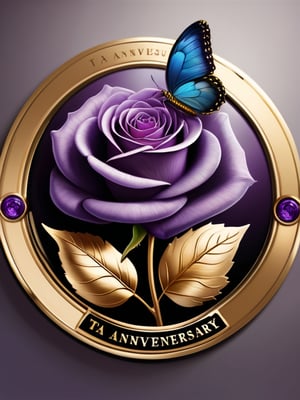 Masterpiece, realistic. Purple Rose, Butterfly, High quality. Gold Badge. With text: (((TA Anniversary)))