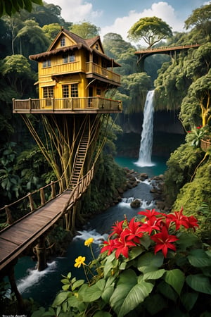 jungle, tall trees, ((two treehouses side by side)), bridge, red flower vines, yellow flower bushes, waterfall, hyper-realism, realistic, masterpiece, intricate details, best quality, highest detail, professional photography, detailed background, depth of field, insane details, intricate, aesthetic, photorealistic, Award - winning, with Kodak Portra 800, a Hasselblad 500, 55mm f/ 1.9 lens, extreme depth of field, Ultra HD, HDR, DTM, 8K,realistic