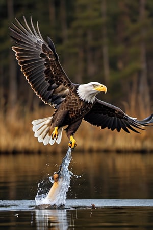 a photograph of a bald eagle flying carrying a fish with it's talons, hyper-realism, realistic, masterpiece, intricate details, best quality, highest detail, professional photography, detailed background, depth of field, insane details, intricate, aesthetic, photorealistic, Award - winning, with Kodak Portra 800, extreme depth of field, Ultra HD, HDR, DTM, 8K