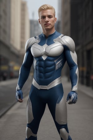 superhero, muscular, blue and white suit, blonde hair, hyper-realism, realistic, masterpiece, detailed eyes, intricate details, best quality, highest detail, professional photography, detailed background, depth of field, insane details, intricate, aesthetic, photorealistic, smirk:0.4, (full body shot:1.1), (standing pose:1.1), Award - winning, with Kodak Portra 800, extreme depth of field, Ultra HD, HDR, DTM, 8K