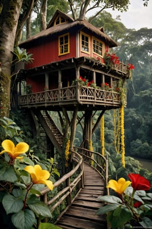 jungle, tall trees, ((two treehouses)), bridge from one treehouse to the other, red flower vines, yellow flower bushes, hyper-realism, realistic, masterpiece, intricate details, best quality, highest detail, professional photography, detailed background, depth of field, insane details, intricate, aesthetic, photorealistic, Award - winning, with Kodak Portra 800, a Hasselblad 500, 55mm f/ 1.9 lens, extreme depth of field, Ultra HD, HDR, DTM, 8K,realistic