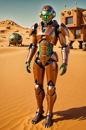 masterpiece, hyperrealism, ((full body photograph with legs and feet)), android, two green eyes, rust colored armor, desert planet, dune houses,