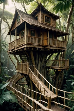 jungle, tall trees, ((two treehouses)), bridge from one treehouse to the other treehouse, hyper-realism, realistic, masterpiece, intricate details, best quality, highest detail, professional photography, detailed background, depth of field, insane details, intricate, aesthetic, photorealistic, Award - winning, with Kodak Portra 800, a Hasselblad 500, 55mm f/ 1.9 lens, extreme depth of field, Ultra HD, HDR, DTM, 8K,realistic