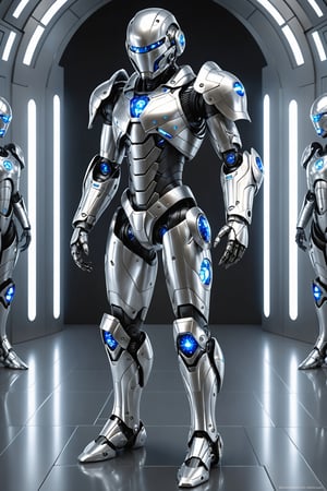 masterpiece, hyperrealism, ((full body photograph with legs and feet)), android, silver, two blue eyes, armor, techno planet, 