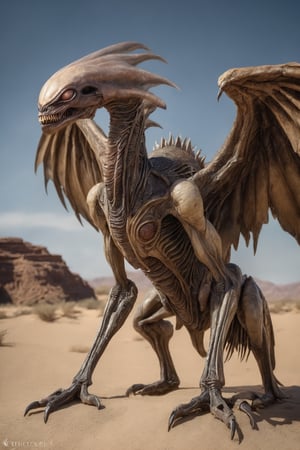sci-fi, science fiction, alien ave creature, large wings, desert planet, hyper-realism, realistic, masterpiece, intricate details, best quality, highest detail, professional photography, detailed background, depth of field, insane details, intricate, aesthetic, photorealistic, nsfw, smirk:0.4, (full body shot:1.1), (standing pose:1.1), (penis1.0), testicles,glans:0.9, 
male pubic hair:1.2, Award - winning, with Kodak Portra 800, a Hasselblad 500, 55mm f/ 1.9 lens, extreme depth of field, Ultra HD, HDR, DTM, 8K
,Animal Verse Ultrarealistic , 