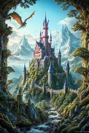a photograph of a large fantasy castle in a mystic forest, large mountains, dragon, hyper-realism, realistic, masterpiece, intricate details, best quality, highest detail, professional photography, detailed background, depth of field, insane details, intricate, aesthetic, photorealistic, Award - winning, with Kodak Portra 800, extreme depth of field, Ultra HD, HDR, DTM, 