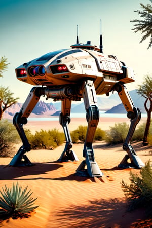 sci-Fi, large futuristic vehicle with (four robtic legs) and laser turret, desert planet, high tech, ((lake)), (shrubs), (trees), hyper-realism, realistic, masterpiece, intricate details, best quality, highest detail, professional photography, detailed background, depth of field, insane details, intricate, aesthetic, photorealistic, Award - winning, with Kodak Portra 800, extreme depth of field, Ultra HD, HDR, DTM, 8K,vehicle,