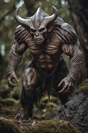 (full body), large muscular alien simian without hair, grey ridged skin, ridges acrooss head, pointed ears, horns, black eys, claws, (double nostrils), ((full body shot:1.1)), snarl, cave, hyper-realism, realistic, masterpiece, intricate details, best quality, highest detail, professional photography, detailed background, depth of field, insane details, intricate, aesthetic, photorealistic, Award - winning, with Kodak Portra 800, a Hasselblad 500, 55mm f/ 1.9 lens, extreme depth of field, Ultra HD, HDR, DTM, 8K