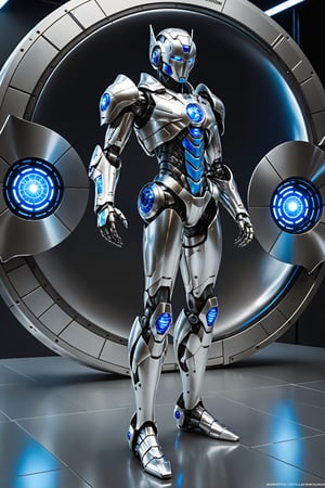 masterpiece, hyperrealism, ((full body photograph with legs and feet)), android, silver, two blue eyes, armor, techno planet, 