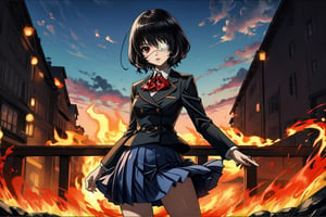 bridge, girl, standing, fire, eyepatch, skirt, cowboy shot, (anatomically correct), ,misakimei