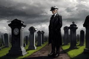 elderly man, standing, newsboy cap, pocketwatch, monotone, foggy, gloomy sky, cemetery, tombstones, full body
