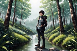 boy, jacket, look at sky, river, forest, pleasant, day, full body, raining

