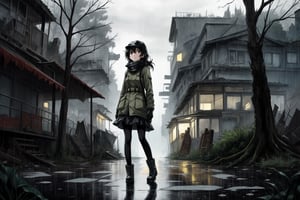 girls' last tour, ruined town, dystopian, wilted trees, dark tone, full body, raining

