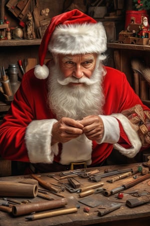 Professional Portrait of Santa Claus in his Workshop, highly detailed photo, realistic picture, photo, multiple characters, female, intricate detail, ultra realistic, photo realism