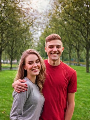  a boy and a girl, (the boys with a bouquet of roses 1:1), the girl smiling with blushing cheeks, red casual clothes, in a park with trees ,photorealistic,Stylish