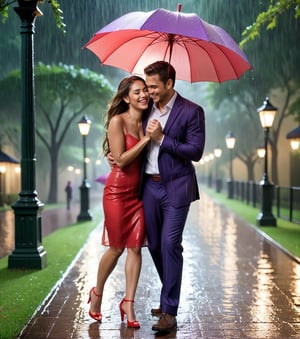 Masterpiece in UHD,  with crisp details,  inspired by an artistic fusion of realism and romance. | In a charming park,  at night,  under a heavy summer rain,  a passionate couple celebrates Valentine's Day. They are sheltered under a large purple umbrella,  sharing laughs and smiles as they walk along the drenched paths. The raindrops reflect the soft light of the lanterns,  creating a romantic and intimate setting. | The scene is composed in a medium shot,  highlighting the emotional connection between the couple and the romantic atmosphere of the environment. The camera angle captures the details of the rain and the lovers' happy expressions. | The soft lighting from the park lanterns creates a cinematic effect,  enhancing the beauty of the scene and adding a touch of magic to the moment. The rain,  in the foreground,  brings a dynamic texture and a sense of movement to the image. | A romantic couple celebrates Valentine's Day in a nighttime park under a heavy summer rain. | {The camera is positioned very close to them,  revealing their entire bodies as they adopt dynamic poses,  laughing and smiling while walking hand in hand through the rain-soaked paths},  | They are adopting (((dynamic poses as they walk,  laughing and smiling,  enjoying each other's company))),  ((dynamic_pose):1.3),  ((perfect_pose)),  ((perfect_pose):1.5),  (((full body image))),  ((perfect_fingers,  perfect_hands,  better_hands)),  ((More Detail))