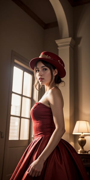 ((Generate hyper realistic image of captivating scene featuring a stunning girl in elegant red clothes adorned with a hat,  volumetric lighting, golden ratio composition,  (high quality), masterpiece, (intricate details)  highly detailed, vibrant, production film, ultra high quality, photography style, Extremely Realistic