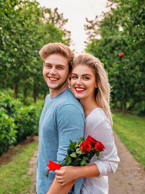  a boy and a girl, (the boys with a bouquet of roses 1:1), the girl smiling with red blushing cheeks, casual clothes, in a park with trees ,photorealistic,Stylish