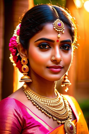 (best quality,4k,8k,highres,masterpiece:1.2),ultra-detailed,(realistic,photorealistic,photo-realistic:1.37),beautiful indian woman,close-up portrait,expressive eyes,long eyelashes,radiant smile,vibrant traditional attire,ornate jewelry,soft and glowing skin,subtle makeup,intricate henna design,graceful pose,golden hour lighting,colorful background,ethereal beauty,warm color tones,bokeh