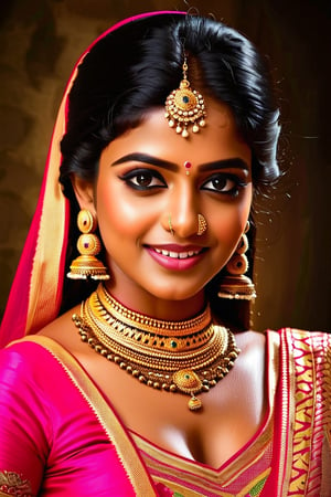 (best quality,highres),beautiful sexy indian woman,cute smile,detailed eyes and face,longeyelashes,gorgeous black hair,traditional indian clothing,ornate jewelry,delicate features,confidence,proud expression,vibrant colors,soft skin tones,artistic lighting,studio photography