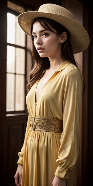 ((Generate hyper realistic image of captivating scene featuring a stunning girl in elegant yellow clothes adorned with a hat,  volumetric lighting, golden ratio composition,  (high quality), masterpiece, (intricate details)  highly detailed, vibrant, production film, ultra high quality, photography style, Extremely Realistic