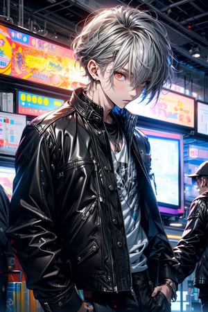 original character , 1boy ,grey hair , dark red eyes,anime,(open black leather jacket),( inner White shirt),1_guys,upperbody