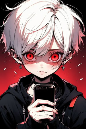 original character , 1boy , boyish short white hair ,  darkred eyes,love,anime,cute,smartphone screen